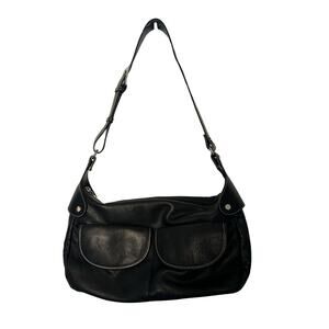 MAXX New York Black Leather Shoulder Bag Hobo Purse Large Pocket Handbag Silver